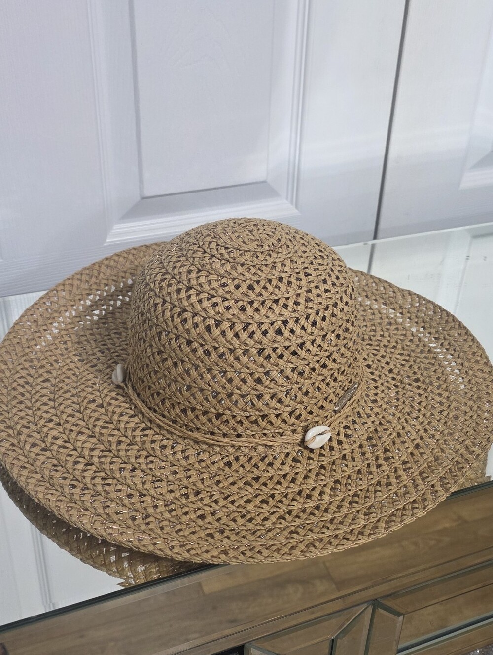 Ellen Tracy Natural Straw Wide-Brim Hat with Shell Trim